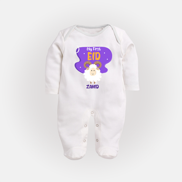 My First Eid Mubarak Customized  Fullbody suit – Premium Festive Wear - WHITE - New Born (Chest 7.5")