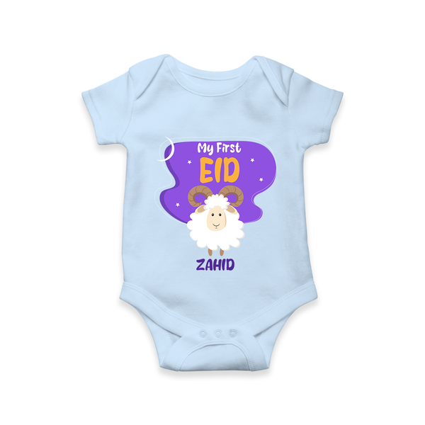 My First Eid Mubarak Customized  Romper – Premium Festive Wear - BABY BLUE - New Born (Chest 14")