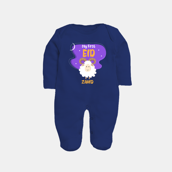 My First Eid Mubarak Customized  Fullbody suit – Premium Festive Wear - NAVY BLUE - New Born (Chest 7.5")