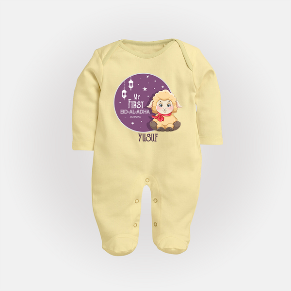 Personalized My First Eid Al-Adha Kids Fullbody suit – Festive Special Fullbody suit - PASTEL YELLOW - New Born (Chest 7.5")