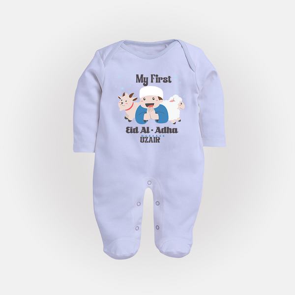 Custom Name My First Eid Fullbody suit – Islamic Festival Special Wear - BABY BLUE - New Born (Chest 7.5")