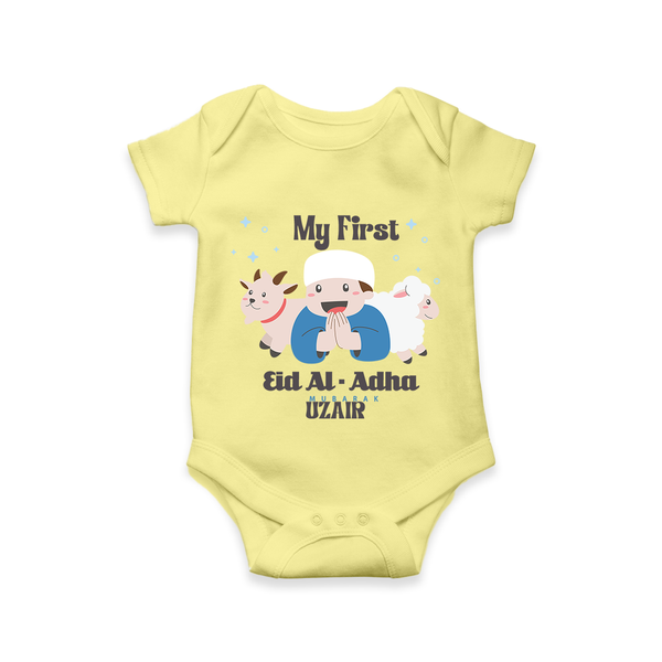 Custom Name My First Eid Romper – Islamic Festival Special Wear - PASTEL YELLOW - New Born (Chest 14")