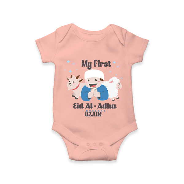 Custom Name My First Eid Romper – Islamic Festival Special Wear - PEACH - New Born (Chest 14")