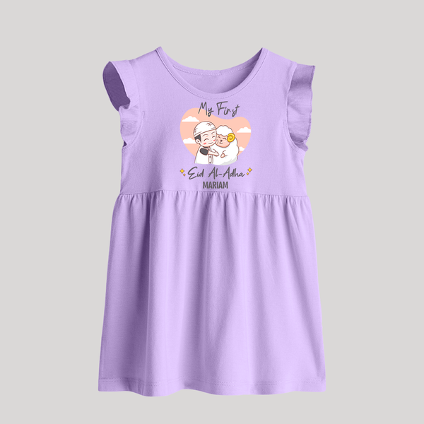 My First Eid Printed Kids Baby frock with Name – Celebration Outfit - LILAC - 0 - 3 Months Old (Chest 17")