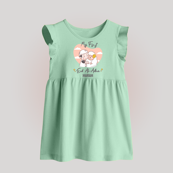 My First Eid Printed Kids Baby frock with Name – Celebration Outfit - MINT GREEN - 0 - 3 Months Old (Chest 17")