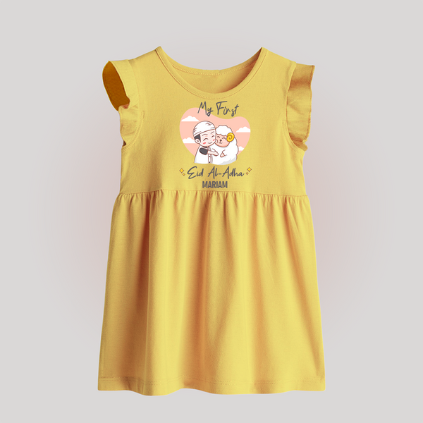 My First Eid Printed Kids Baby frock with Name – Celebration Outfit - PASTEL YELLOW - 0 - 3 Months Old (Chest 17")