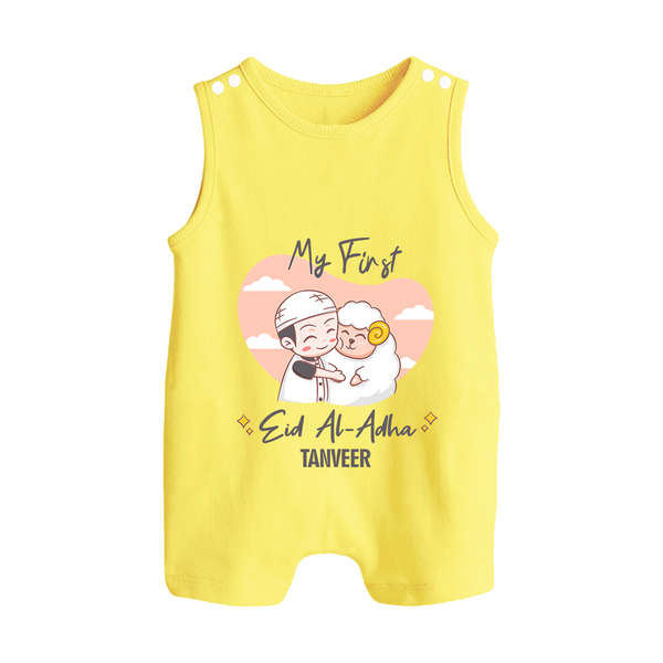 My First Eid Printed Kids Romper Suit with Name – Celebration Outfit - PASTEL YELLOW - 0 - 5 Months Old (Chest 18")