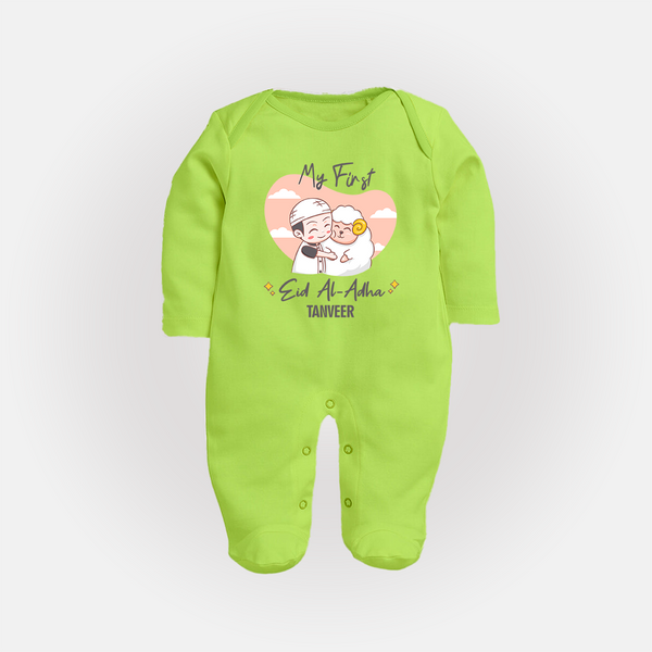 My First Eid Printed Kids Fullbody suit with Name – Celebration Outfit - LIME GREEN - New Born (Chest 7.5")