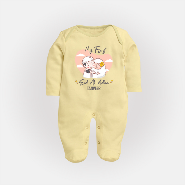 My First Eid Printed Kids Fullbody suit with Name – Celebration Outfit - PASTEL YELLOW - New Born (Chest 7.5")