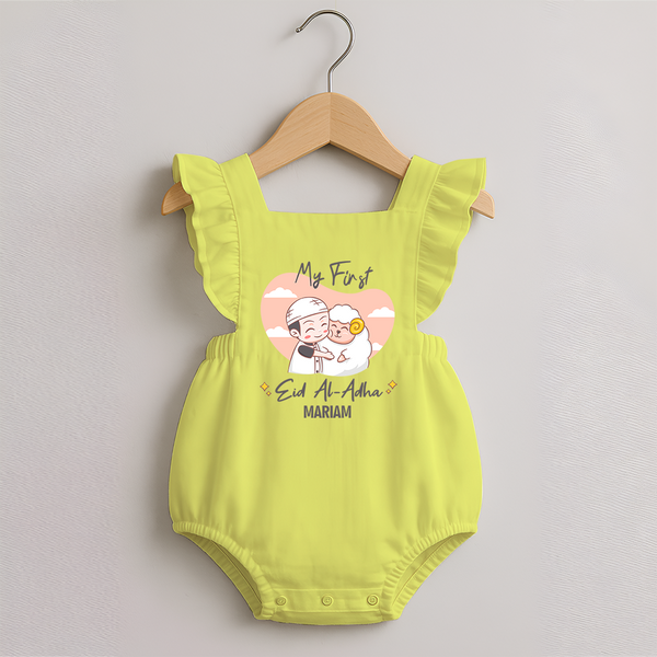 My First Eid Printed Kids Romper frock with Name – Celebration Outfit - PASTEL YELLOW - 0 - 3 Months Old (Chest 19")