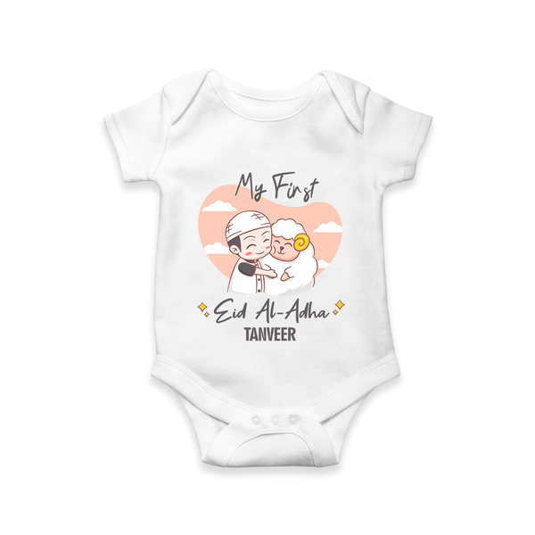 My First Eid Printed Kids Romper with Name – Celebration Outfit - WHITE - New Born (Chest 14")