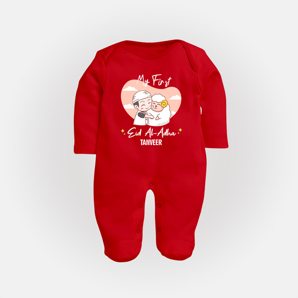 My First Eid Printed Kids Fullbody suit with Name – Celebration Outfit - RED - New Born (Chest 7.5")
