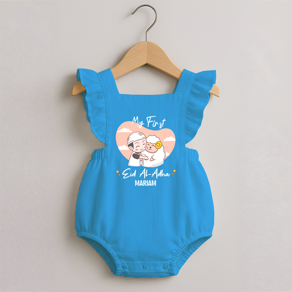 My First Eid Printed Kids Romper frock with Name – Celebration Outfit - SKY BLUE - 0 - 3 Months Old (Chest 19")