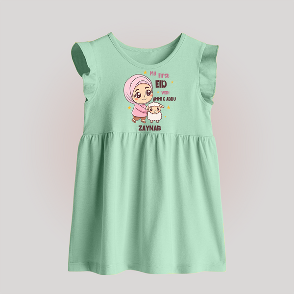 My First Eid with Ammi & Abbu – Personalized Kids Baby frock - MINT GREEN - 0 - 3 Months Old (Chest 17")