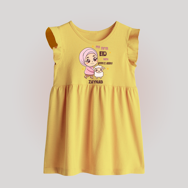 My First Eid with Ammi & Abbu – Personalized Kids Baby frock - PASTEL YELLOW - 0 - 3 Months Old (Chest 17")
