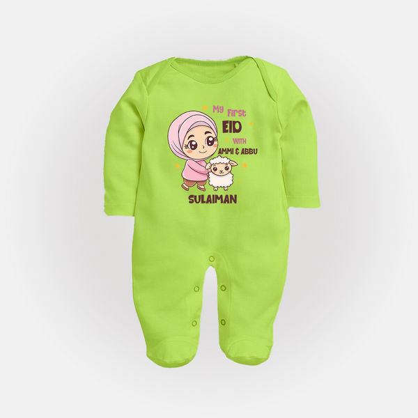 My First Eid with Ammi & Abbu – Personalized Kids Fullbody suit - LIME GREEN - New Born (Chest 7.5")