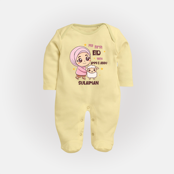 My First Eid with Ammi & Abbu – Personalized Kids Fullbody suit - PASTEL YELLOW - New Born (Chest 7.5")