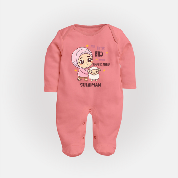 My First Eid with Ammi & Abbu – Personalized Kids Fullbody suit - PEACH - New Born (Chest 7.5")