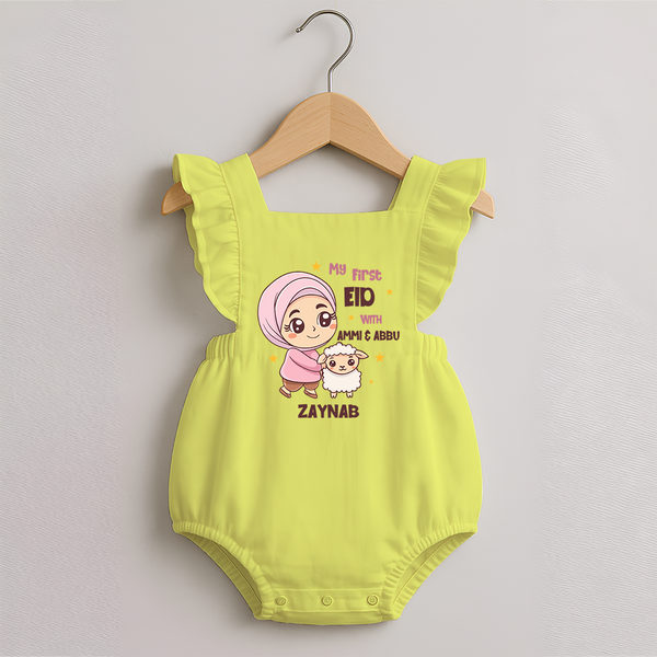 My First Eid with Ammi & Abbu – Personalized Kids Romper frock - PASTEL YELLOW - 0 - 3 Months Old (Chest 19")