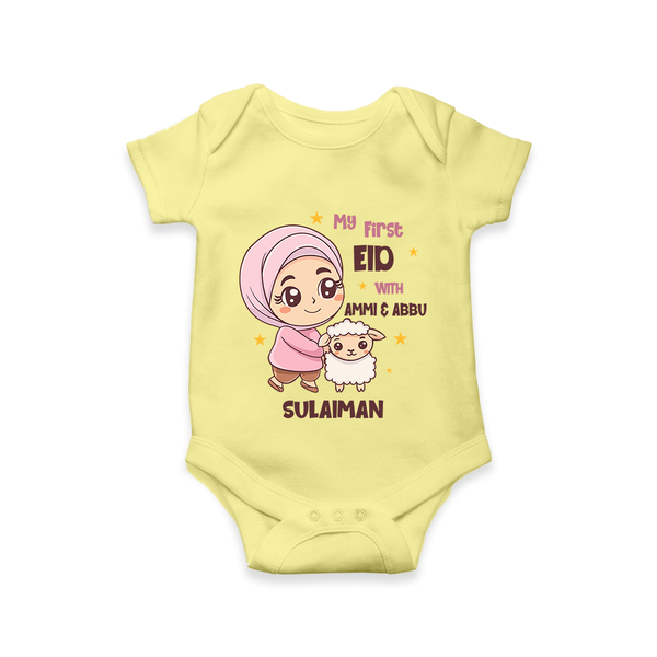 My First Eid with Ammi & Abbu – Personalized Kids Romper - PASTEL YELLOW - New Born (Chest 14")