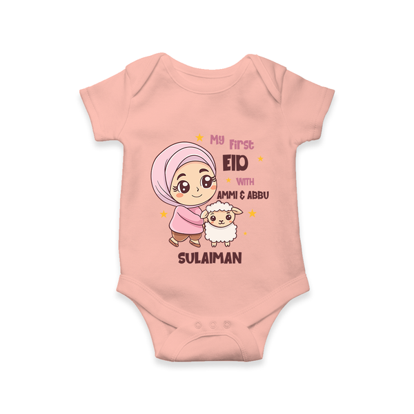 My First Eid with Ammi & Abbu – Personalized Kids Romper - PEACH - New Born (Chest 14")