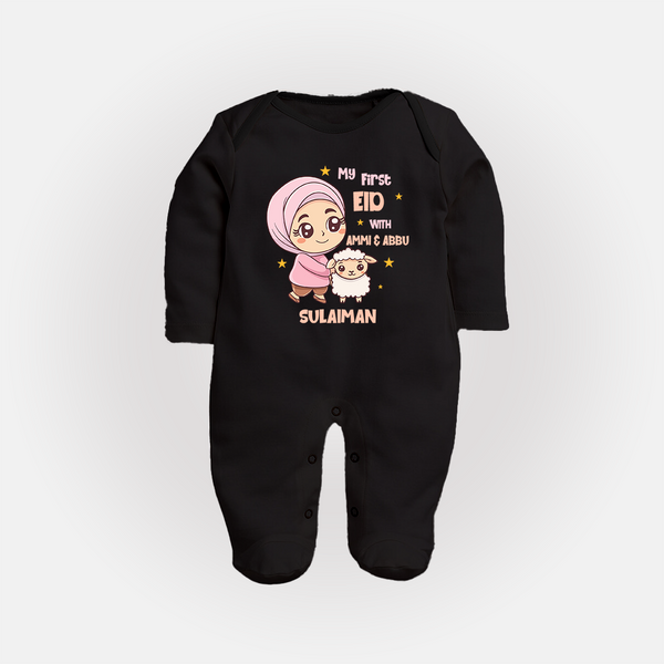 My First Eid with Ammi & Abbu – Personalized Kids Fullbody suit - BLACK - New Born (Chest 7.5")