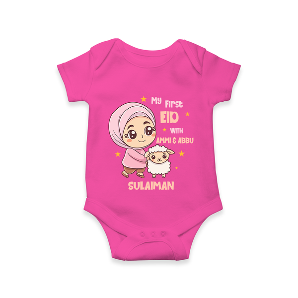 My First Eid with Ammi & Abbu – Personalized Kids Romper - HOT PINK - New Born (Chest 14")