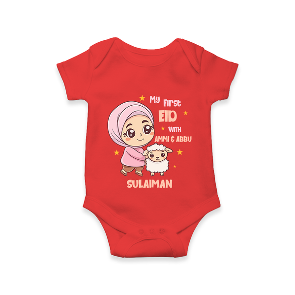 My First Eid with Ammi & Abbu – Personalized Kids Romper - RED - New Born (Chest 14")