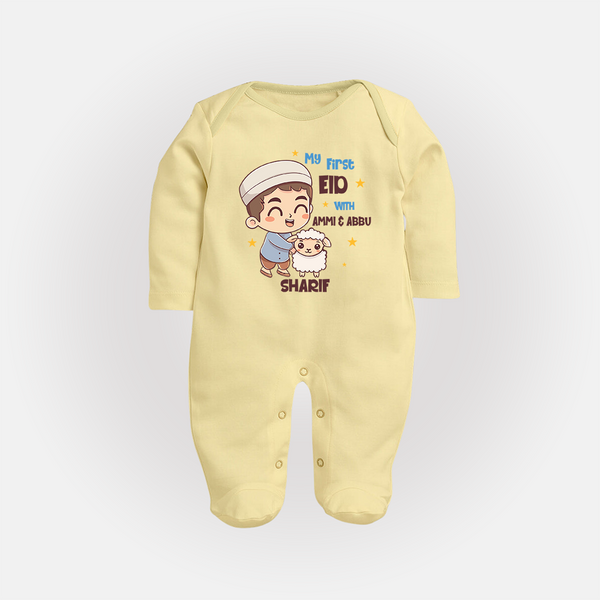 My First Eid Family Special Personalized Fullbody suit – Custom Name Print - PASTEL YELLOW - New Born (Chest 7.5")
