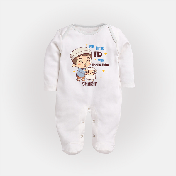 My First Eid Family Special Personalized Fullbody suit – Custom Name Print - WHITE - New Born (Chest 7.5")