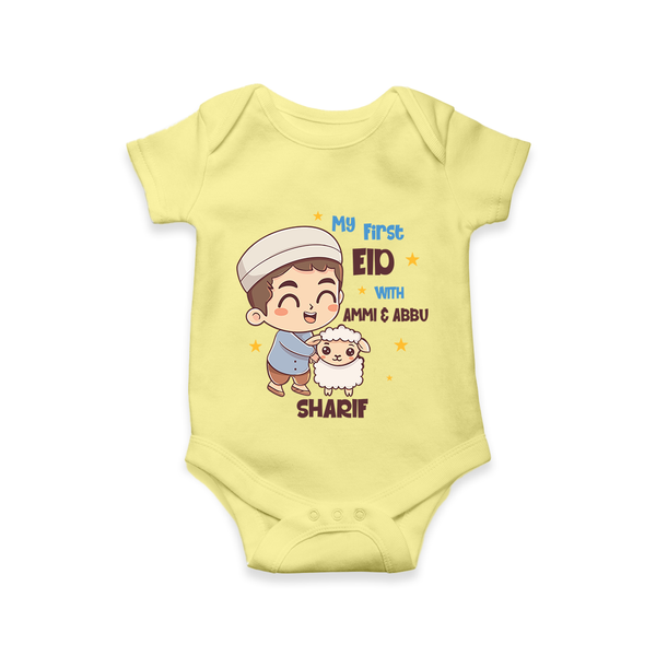 My First Eid Family Special Personalized Romper – Custom Name Print - PASTEL YELLOW - New Born (Chest 14")