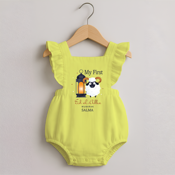My First Eid with Parents Custom Kids Romper frock – Festive Wear - PASTEL YELLOW - 0 - 3 Months Old (Chest 19")