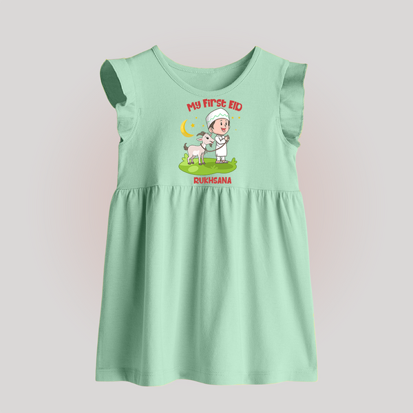 Personalized My First Eid with Ammi & Abbu Baby frock - MINT GREEN - 0 - 3 Months Old (Chest 17")