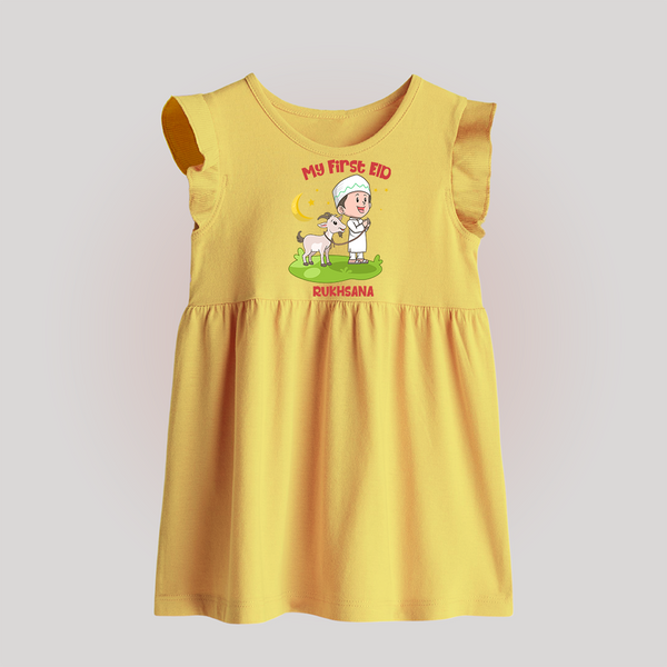 Personalized My First Eid with Ammi & Abbu Baby frock - PASTEL YELLOW - 0 - 3 Months Old (Chest 17")