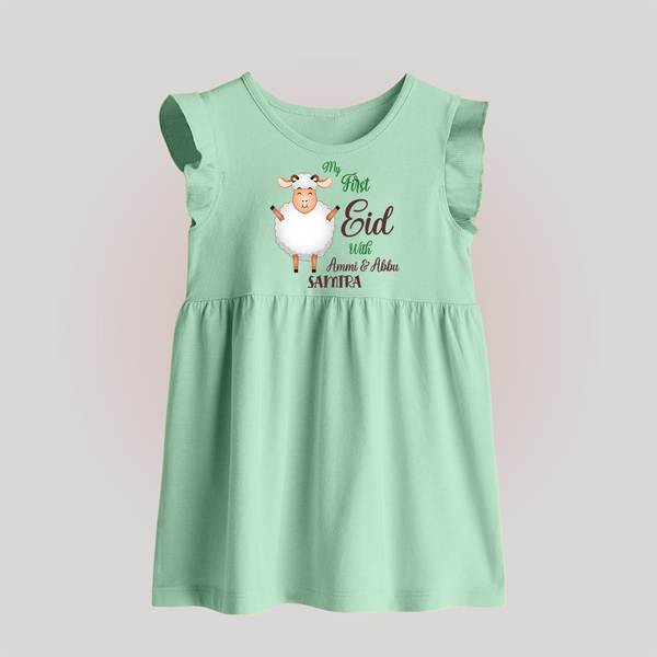 My First Eid Family Theme Kids Baby frock – Name Printed Festive Outfit - MINT GREEN - 0 - 3 Months Old (Chest 17")