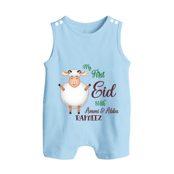 My First Eid Family Theme Kids Romper Suit – Name Printed Festive Outfit - BABY BLUE - 0 - 5 Months Old (Chest 18")