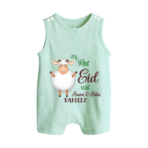 My First Eid Family Theme Kids Romper Suit – Name Printed Festive Outfit - MINT GREEN - 0 - 5 Months Old (Chest 18")