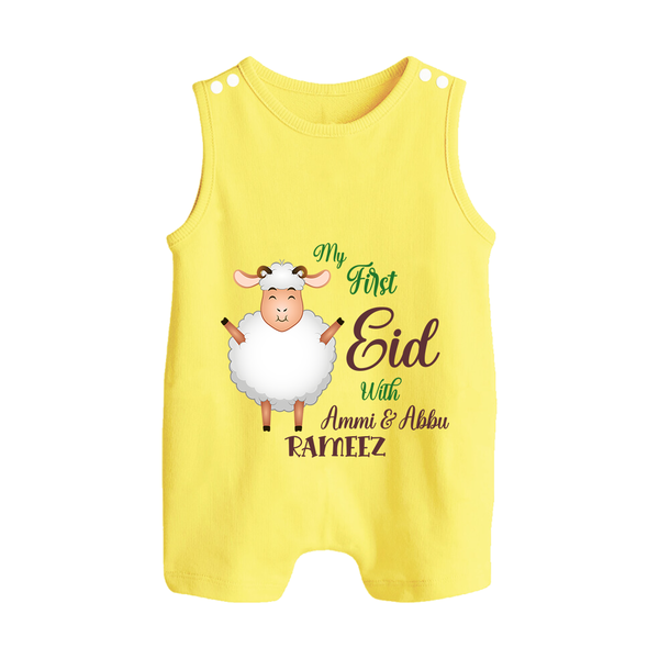 My First Eid Family Theme Kids Romper Suit – Name Printed Festive Outfit - PASTEL YELLOW - 0 - 5 Months Old (Chest 18")