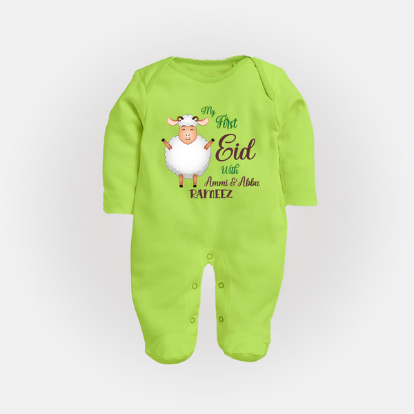 My First Eid Family Theme Kids Fullbody suit – Name Printed Festive Outfit - LIME GREEN - New Born (Chest 7.5")