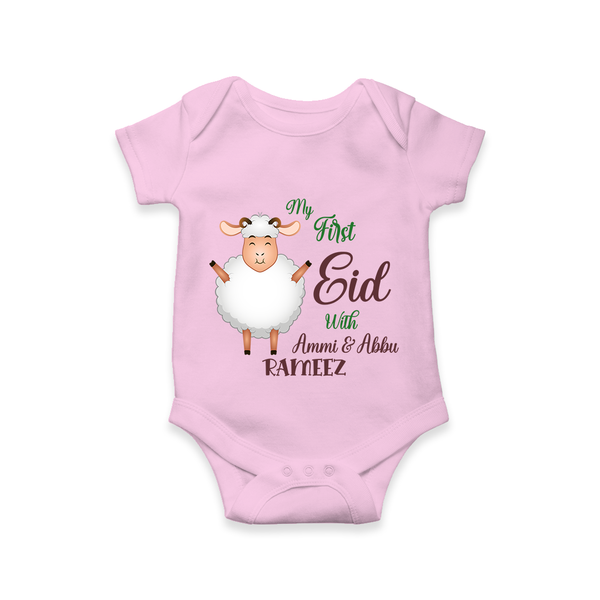 My First Eid Family Theme Kids Romper – Name Printed Festive Outfit - BABY PINK - New Born (Chest 14")