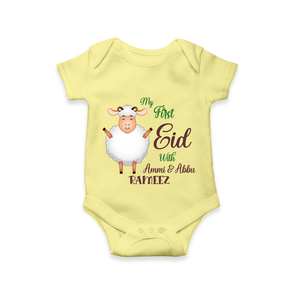 My First Eid Family Theme Kids Romper – Name Printed Festive Outfit - PASTEL YELLOW - New Born (Chest 14")