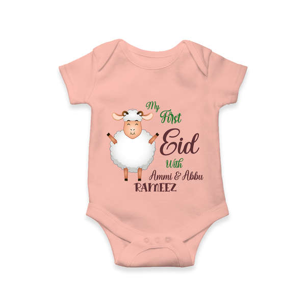 My First Eid Family Theme Kids Romper – Name Printed Festive Outfit - PEACH - New Born (Chest 14")