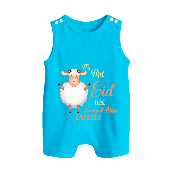My First Eid Family Theme Kids Romper Suit – Name Printed Festive Outfit - SKY BLUE - 0 - 5 Months Old (Chest 18")