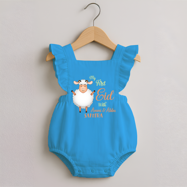 My First Eid Family Theme Kids Romper frock – Name Printed Festive Outfit - SKY BLUE - 0 - 3 Months Old (Chest 19")