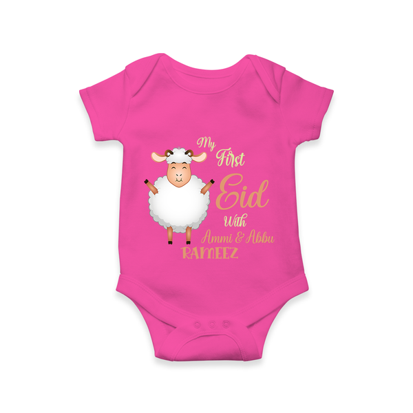 My First Eid Family Theme Kids Romper – Name Printed Festive Outfit - HOT PINK - New Born (Chest 14")