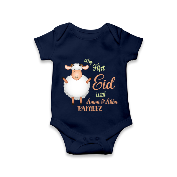 My First Eid Family Theme Kids Romper – Name Printed Festive Outfit - NAVY BLUE - New Born (Chest 14")