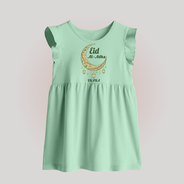 Eid Al-Adha Crescent Moon Personalized  Baby frock - MINT GREEN - 0 - 3 Months Old (Chest 17")