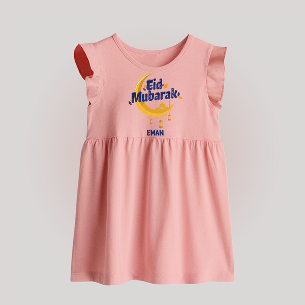 Eid Mubarak Crescent Moon Personalized Kids Baby frock - BABY PINK - 0 - 3 Months Old (Chest 17")