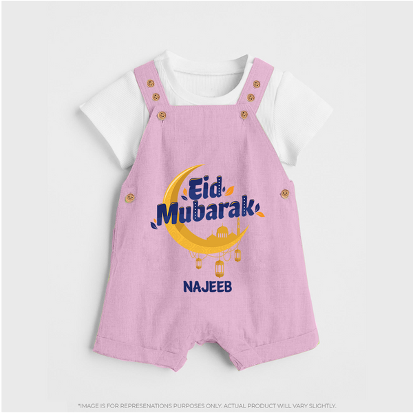 Eid Mubarak Crescent Moon Personalized Kids Dungaree - BABY PINK - 0 - 5 Months Old (Chest 18")