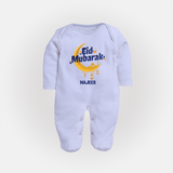 Eid Mubarak Crescent Moon Personalized Kids Fullbody suit - BABY BLUE - New Born (Chest 7.5")